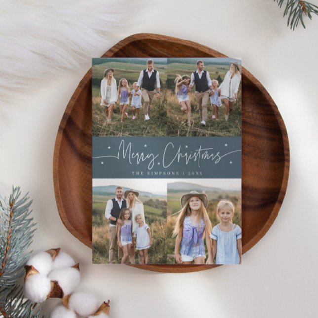 Cartes Pour Fêtes Annuelles Joyeux Script de Noël Ardoise Bleu Multi Photo (Créateur téléchargé)