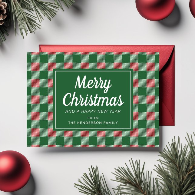 Cartes Pour Fêtes Annuelles Joyeux script de Noël Festive Green Plaid (Festive Green Plaid Merry Christmas Script Holiday Card)