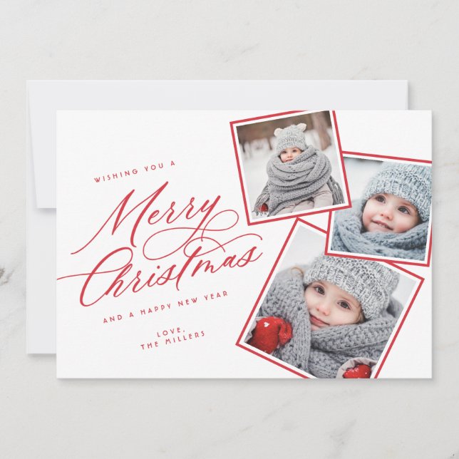 Cartes Pour Fêtes Annuelles Joyeux script de Noël intitulé Multi-Photo RED (Devant)