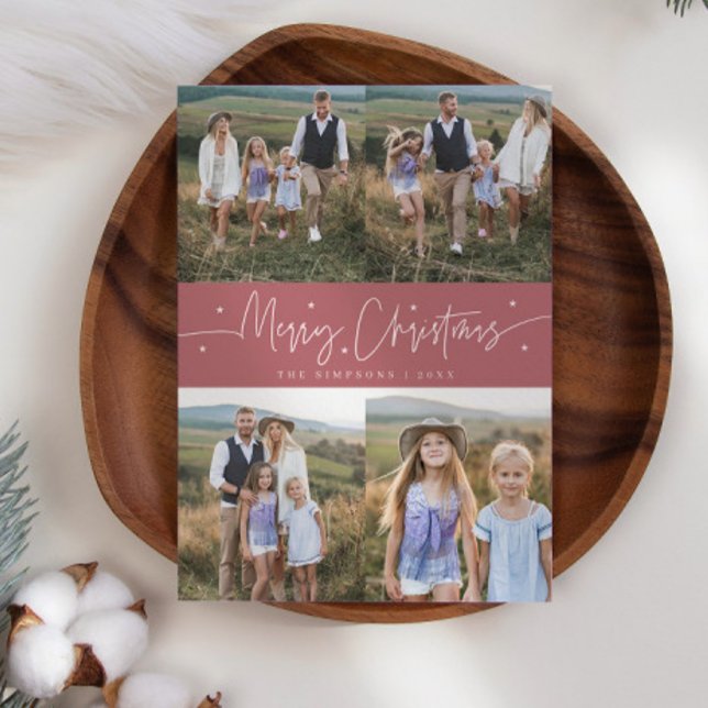 Cartes Pour Fêtes Annuelles Joyeux script de Noël rose multi photo (Créateur téléchargé)