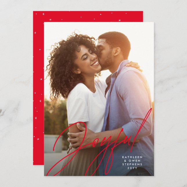 Cartes Pour Fêtes Annuelles Joyeux script moderne une photo rouge Noël (Devant / Derrière)