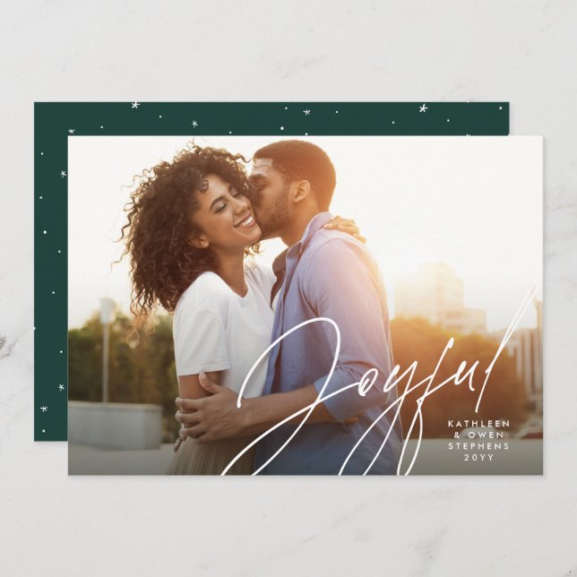Cartes Pour Fêtes Annuelles Joyeux script moderne une photo vert Noël Hol (Devant / Derrière)