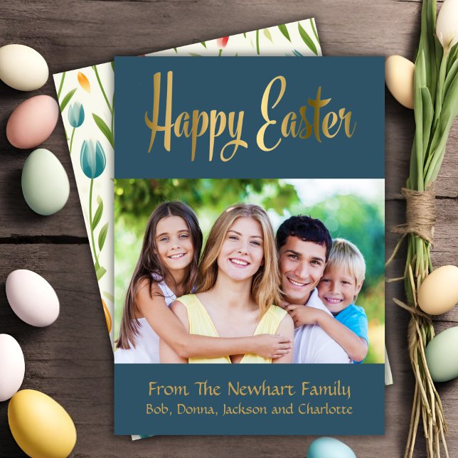 Cartes Pour Fêtes Annuelles Joyeux script or de Pâques photo personnalisée (Happy Easter Gold Script Custom Photo Holiday Card)