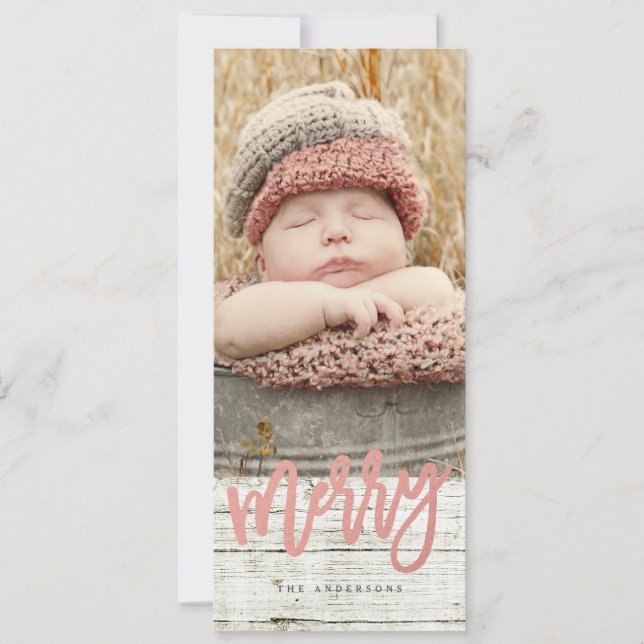 Cartes Pour Fêtes Annuelles Joyeux Script Rose Gold Foil Rustique Bois Photo (Devant)