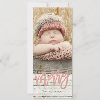 Cartes Pour Fêtes Annuelles Joyeux Script Rose Gold Foil Rustique Bois Photo