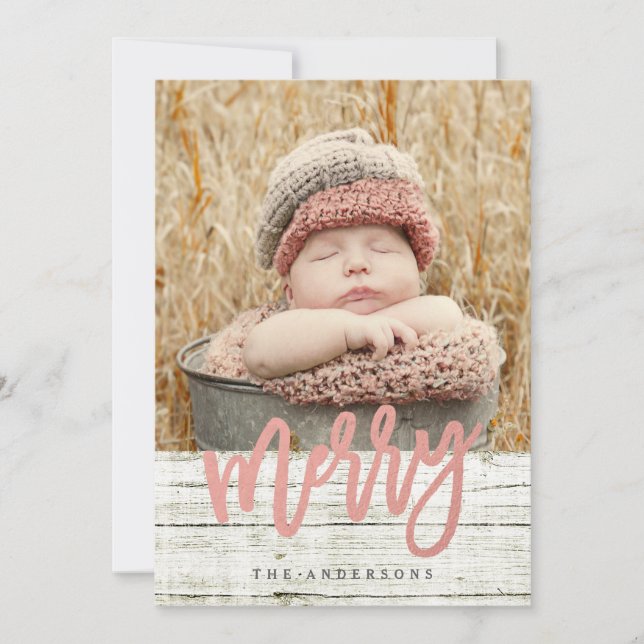 Cartes Pour Fêtes Annuelles Joyeux Script Rose Gold Foil Rustique Bois Photo (Devant)