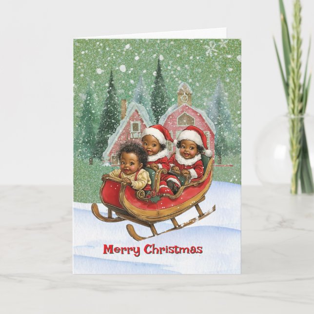 Cartes Pour Fêtes Annuelles Joyeux Sleigh Ride African American Kids (Devant)