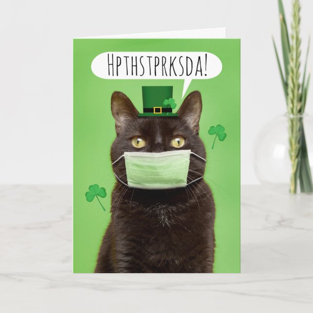 Cartes Pour Fêtes Annuelles Joyeux St. Patrick's Day Talking Cat in Face Mask (Devant)