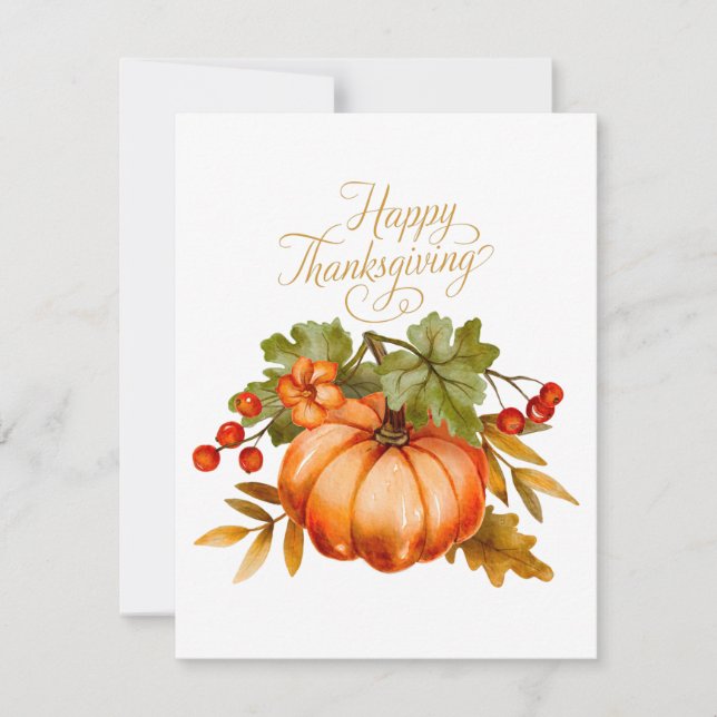 Cartes Pour Fêtes Annuelles Joyeux Thanksgiving Aquarelle Citrouille et Baies  (Devant)
