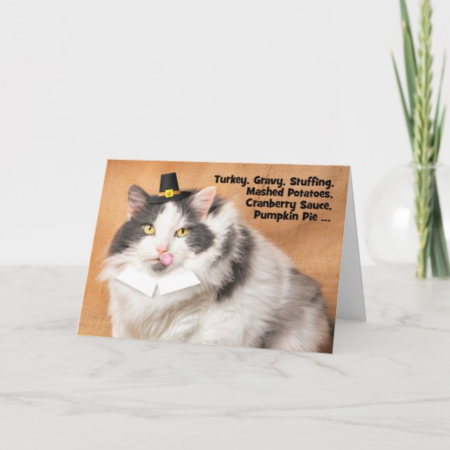Cartes Pour Fêtes Annuelles Joyeux Thanksgiving Drôle de Chat Gras avec Chapea (Devant)