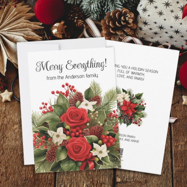 Cartes Pour Fêtes Annuelles Joyeux Tout Vacances Rouge Blanc Floral Vert (Red and white floral and greenery "Merry Everything" holiday greeting card. Personalized text.)