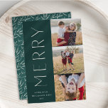 Cartes Pour Fêtes Annuelles Joyeux Trio | Modern 3 Photo Collage<br><div class="desc">Un design chic et élégant de cartes de vacances avec trois photos alignées à droite dans une disposition verticale. "Merry" apparaît à côté de votre photo dans un style sobre et moderne. Personnalisez-vous avec votre nom de famille et votre accueil personnalisé pour la touche finale parfaite à ces cartes photos...</div>