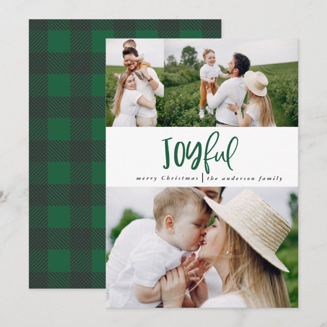 Cartes Pour Fêtes Annuelles Joyeux trois script photo tartan famille vacances (Devant / Derrière)