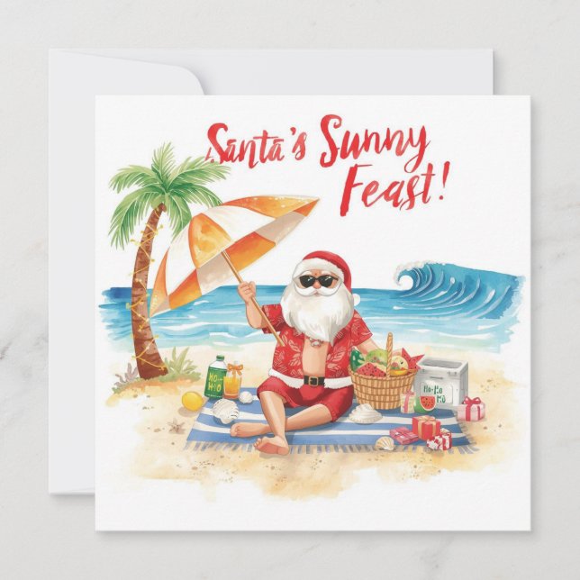 Cartes Pour Fêtes Annuelles Joyeux vacances été Père Noël à la plage (Devant)