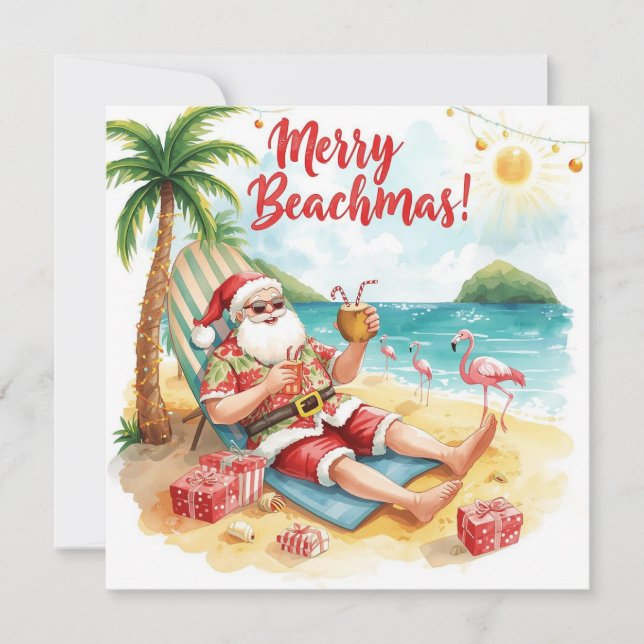 Cartes Pour Fêtes Annuelles Joyeux vacances été Père Noël à la plage (Devant)