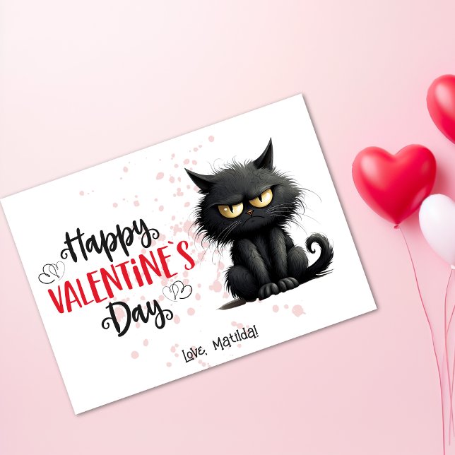 Cartes Pour Fêtes Annuelles Joyeux Valentines Jour Drôle Chat Noir (Happy Valentines Day Funny Black Cat Holiday Card)