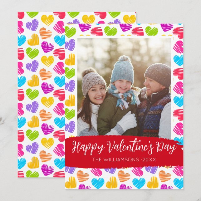 Cartes Pour Fêtes Annuelles Joyeux Valentines Jour Moderne Coeurs Vibrants Pho (Devant / Derrière)