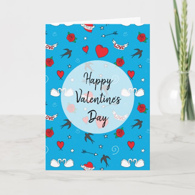 Cartes Pour Fêtes Annuelles Joyeux Valentines Jour Retro Motif Bleu (Devant)