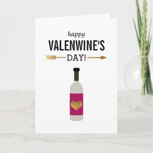 Cartes Pour Fêtes Annuelles Joyeux Valenwine's Day avec bouteille de vin