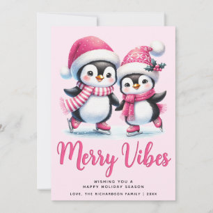 Cartes Pour Fêtes Annuelles Joyeux Vibes Patinage sur glace Pingouins Noël ros