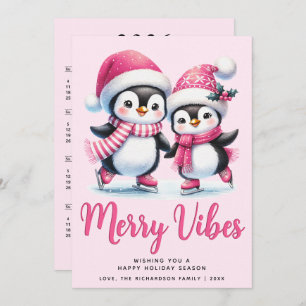 Cartes Pour Fêtes Annuelles Joyeux Vibes Patinage sur glace Pingouins Noël ros