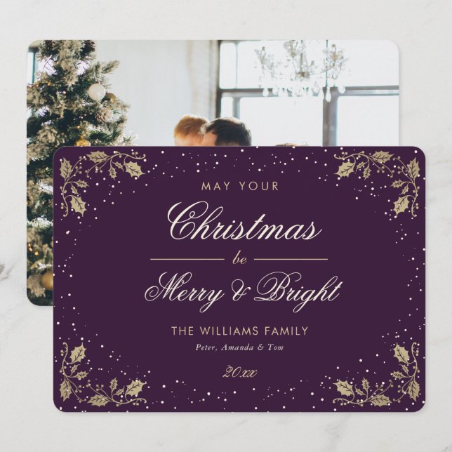 Cartes Pour Fêtes Annuelles Joyeux violet et brun neige Holly Photo Noël (Devant / Derrière)