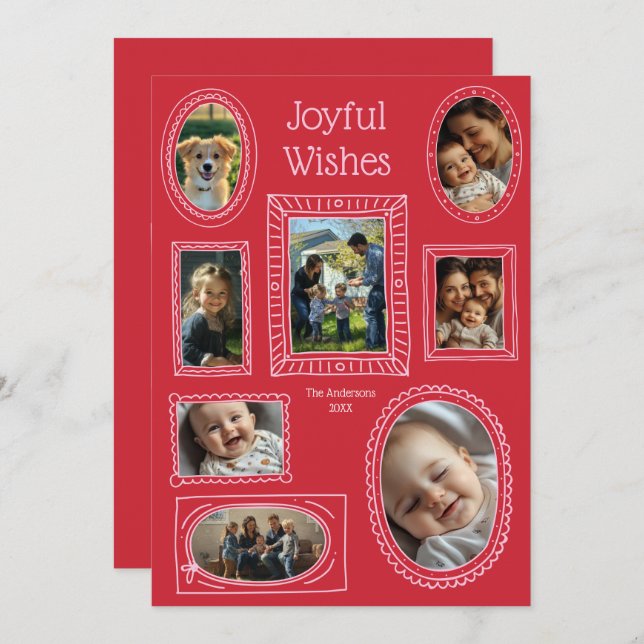 Cartes Pour Fêtes Annuelles Joyeux Voeux Red Doodle cadre photo Collage (Devant / Derrière)