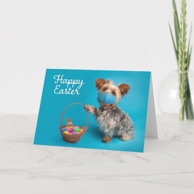 Cartes Pour Fêtes Annuelles Joyeux Yorkie Chien de Pâques en Masque Visage Ave (Devant)