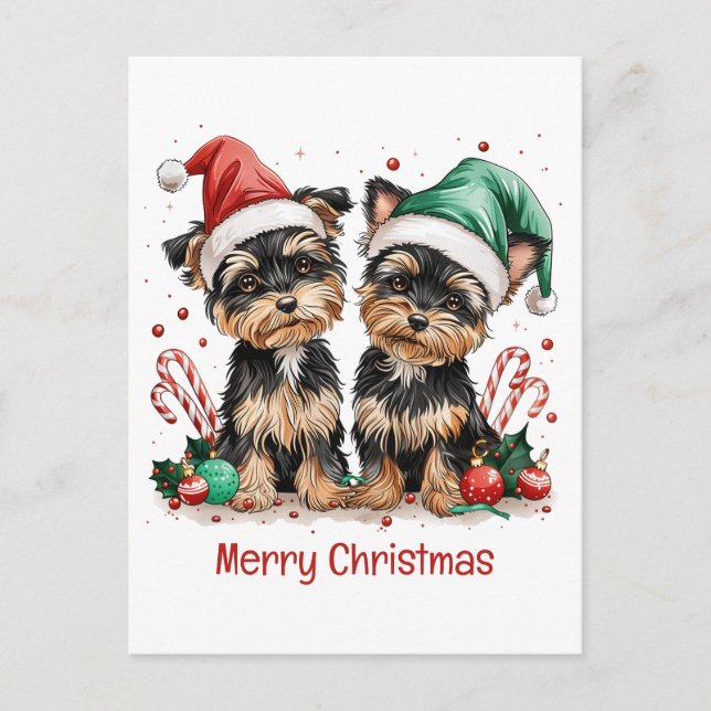 Cartes Pour Fêtes Annuelles Joyeux Yorkshire Terrier Chiens de Noël (Devant)