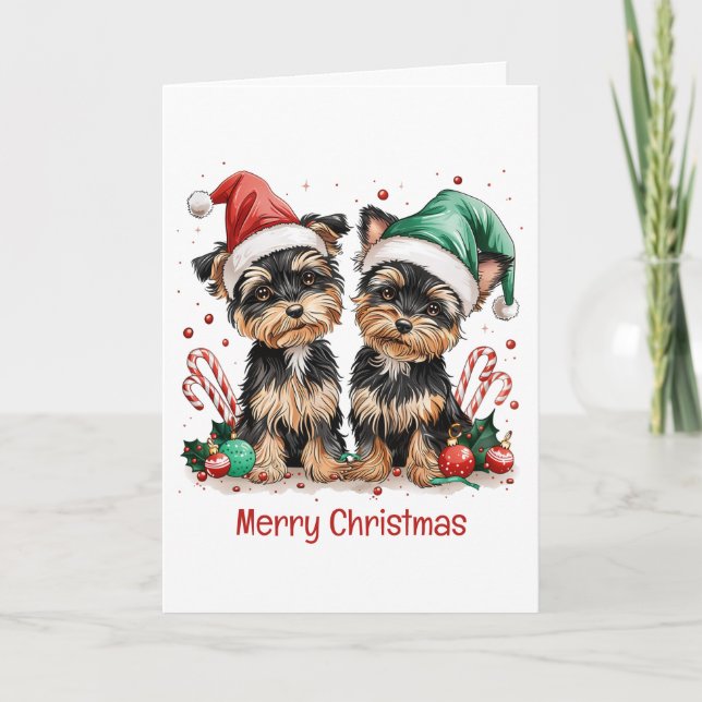 Cartes Pour Fêtes Annuelles Joyeux Yorkshire Terrier Chiens de Noël (Devant)