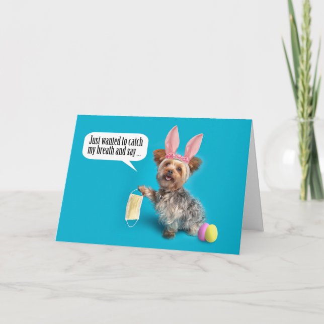 Cartes Pour Fêtes Annuelles Joyeux Yourkie de Pâques ôtant le masque de visage (Devant)