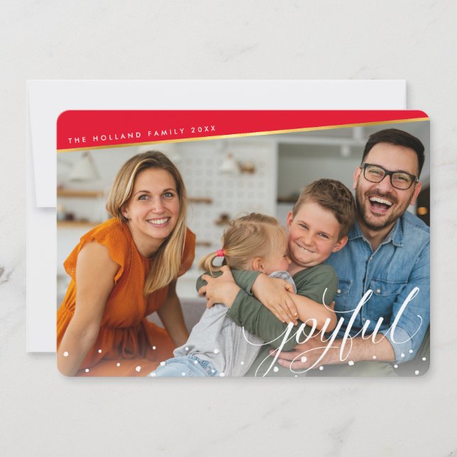 Cartes Pour Fêtes Annuelles JOYFUL CHRISTMAS PHOTO moderne calligraphie or rou (Devant)