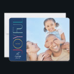 Cartes Pour Fêtes Annuelles JOYFUL FAMILLE PHOTO moderne élégant bleu coloré<br><div class="desc">par kat massard >>> WWW.SIMPLYSWEETPAPERIE.COM <<< Un design de carte élégant avec la citation "JOYFUL" avec un style de script élégant combiné avec la typographie serif, et un motif amusant à l'arrière, vous donnant la possibilité d'écrire à la main un message personnel. Avec une photo en forme de carré à...</div>