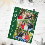 Cartes Pour Fêtes Annuelles Joyful Green 3 Family Photo Collage Noël<br><div class="desc">Carte postale de Noël verte moderne avec 3 photos de famille dans un motif d'instantané superposé avec une bordure blanche et le mot Joyful écrit verticalement sur le côté. Trouvez vos trois photos préférées pour ces cartes postales de vacances en famille.</div>