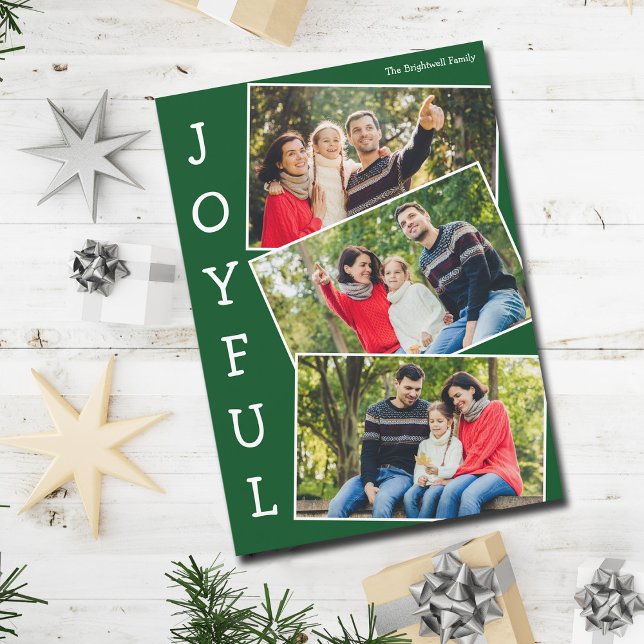 Cartes Pour Fêtes Annuelles Joyful Green 3 Family Photo Collage Noël (Créateur téléchargé)