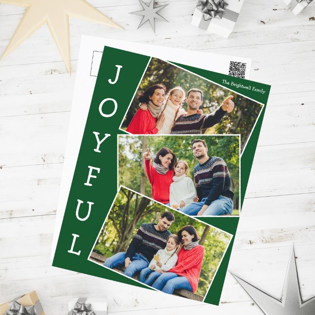 Cartes Pour Fêtes Annuelles Joyful Green 3 Family Photo Collage Noël (Créateur téléchargé)