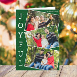 Cartes Pour Fêtes Annuelles Joyful Green 3 Family Photo Folle Noël<br><div class="desc">Carte de collage photo vert moderne de Noël avec 3 photos de famille dans un amusant motif de cliché superposé avec bordure blanche et le mot Joyful écrit verticalement sur le côté. Trouvez vos trois photos préférées pour cette jolie carte de vacances en famille.</div>
