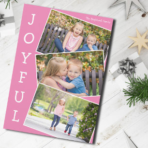 Cartes Pour Fêtes Annuelles Joyful Pink 3 Enfants Photo Collage Joli Noël