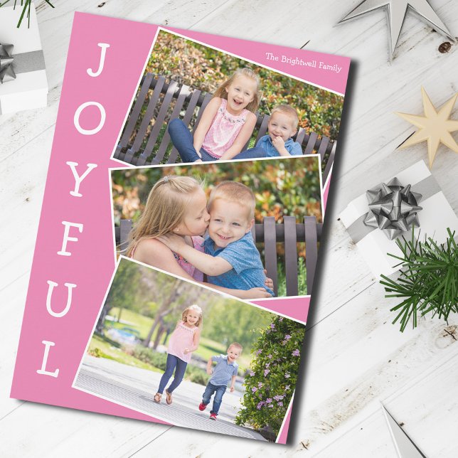 Cartes Pour Fêtes Annuelles Joyful Pink 3 Enfants Photo Collage Joli Noël (Créateur téléchargé)