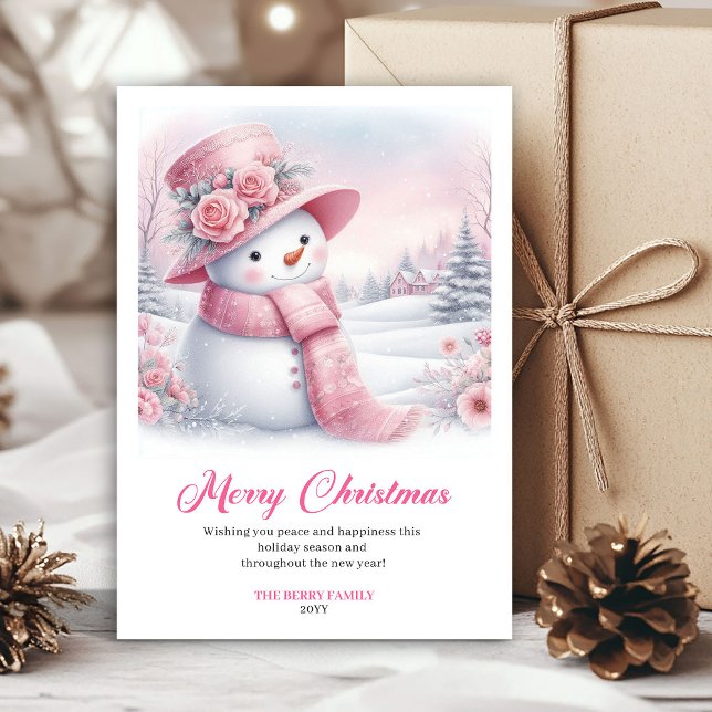 Cartes Pour Fêtes Annuelles Joyful pink snowman Christmas greeting card digita (Joyful pink snowman Christmas greeting card editable file)