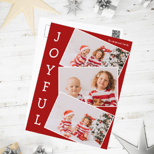 Cartes Pour Fêtes Annuelles Joyful Red 3 Family Photo Collage moderne Noël