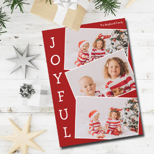 Cartes Pour Fêtes Annuelles Joyful Red 3 Family Photo Collage moderne Noël