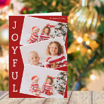 Cartes Pour Fêtes Annuelles Joyful Red Family Photo Collage classique Noël<br><div class="desc">Carte de collage photo de Noël rouge moderne avec 3 photos d'enfants dans un amusant motif de cliché superposant avec une bordure blanche et le mot Joyful écrit verticalement sur le côté. Trouvez vos trois photos préférées pour cette jolie carte de vacances en famille.</div>
