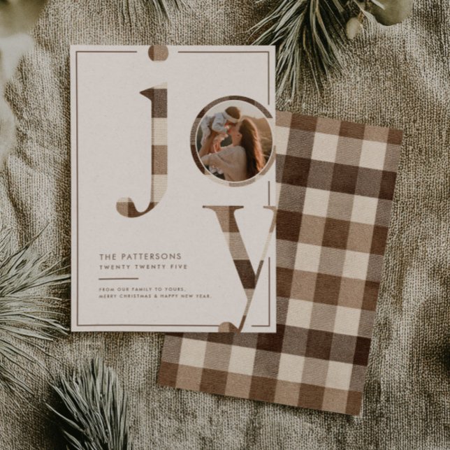 Cartes Pour Fêtes Annuelles Joyful Rustic Brown Gingham Family Photo Christmas (Créateur téléchargé)