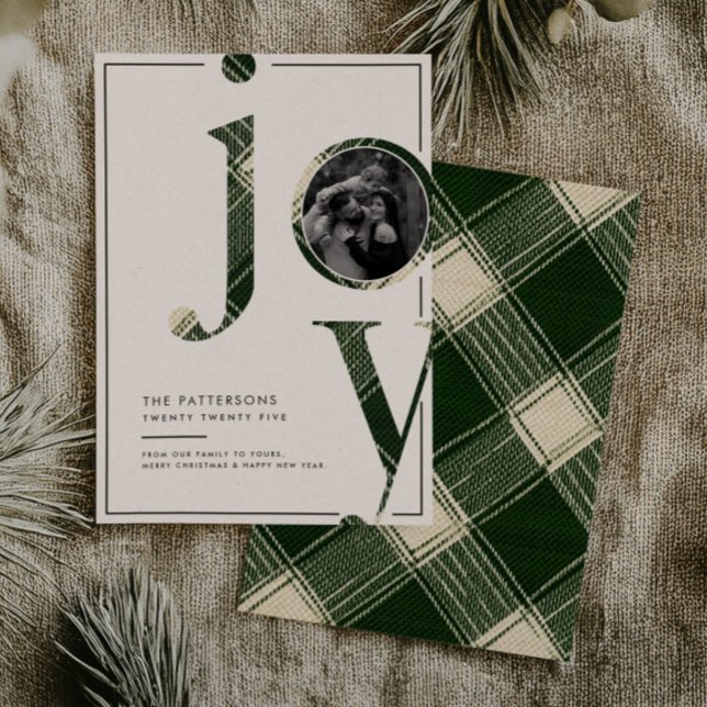 Cartes Pour Fêtes Annuelles Joyful Rustic Green Gingham Family Photo Christmas (Créateur téléchargé)