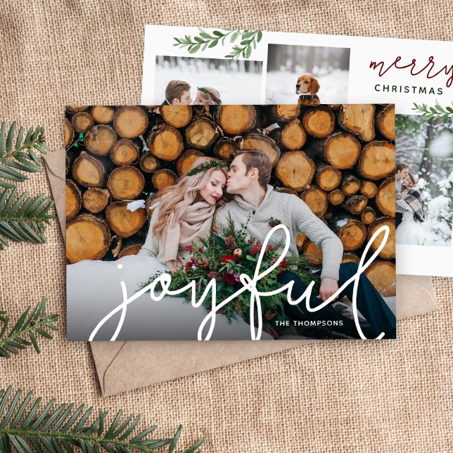Cartes Pour Fêtes Annuelles Joyful Script et Branches 5 Photo Flat (Créateur téléchargé)