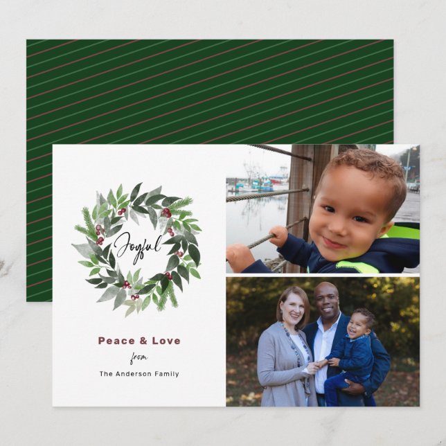 Cartes Pour Fêtes Annuelles Joyful Wreath Peace & Love 2 Photo Green Christmas (Devant / Derrière)