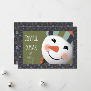 Cartes Pour Fêtes Annuelles Joyful Xmas Happy Snowman feuillage bordure vert