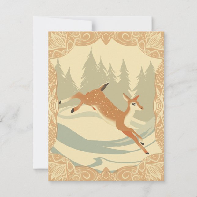 Cartes Pour Fêtes Annuelles Jumping Deer dans une forêt enneigée (Devant)