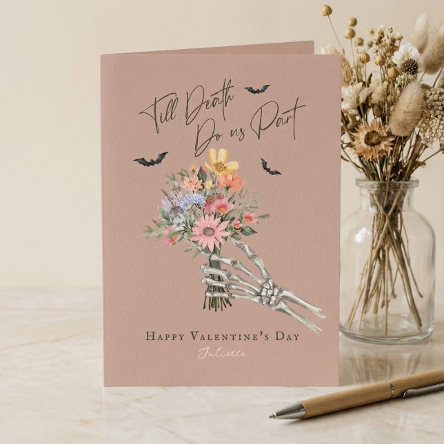 Cartes Pour Fêtes Annuelles Jusqu'à la mort Fleur sauvage gothique squelette S (Till Death Gothic Wildflower Skeleton Valentine Holiday Card)
